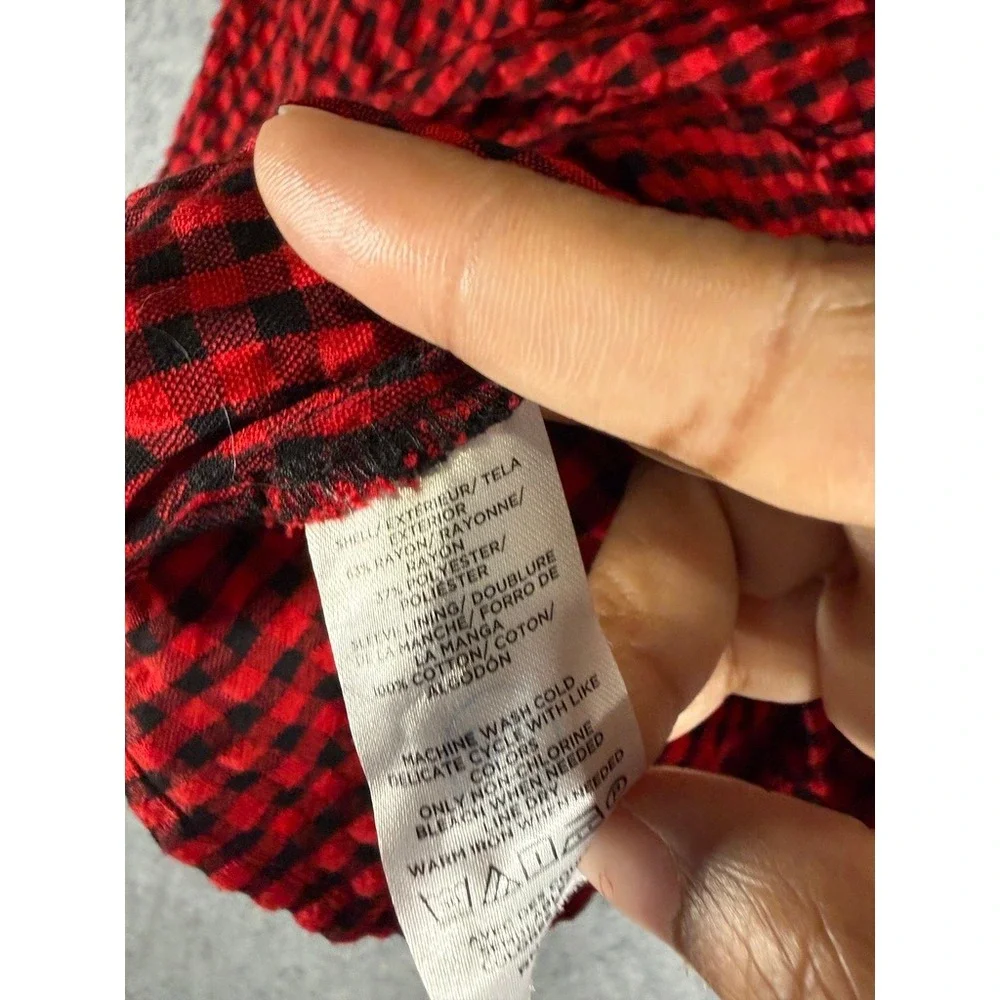LOFT Women 6 Red Black Gingham Square Neck Puff Sleeve Button Front Top Academic